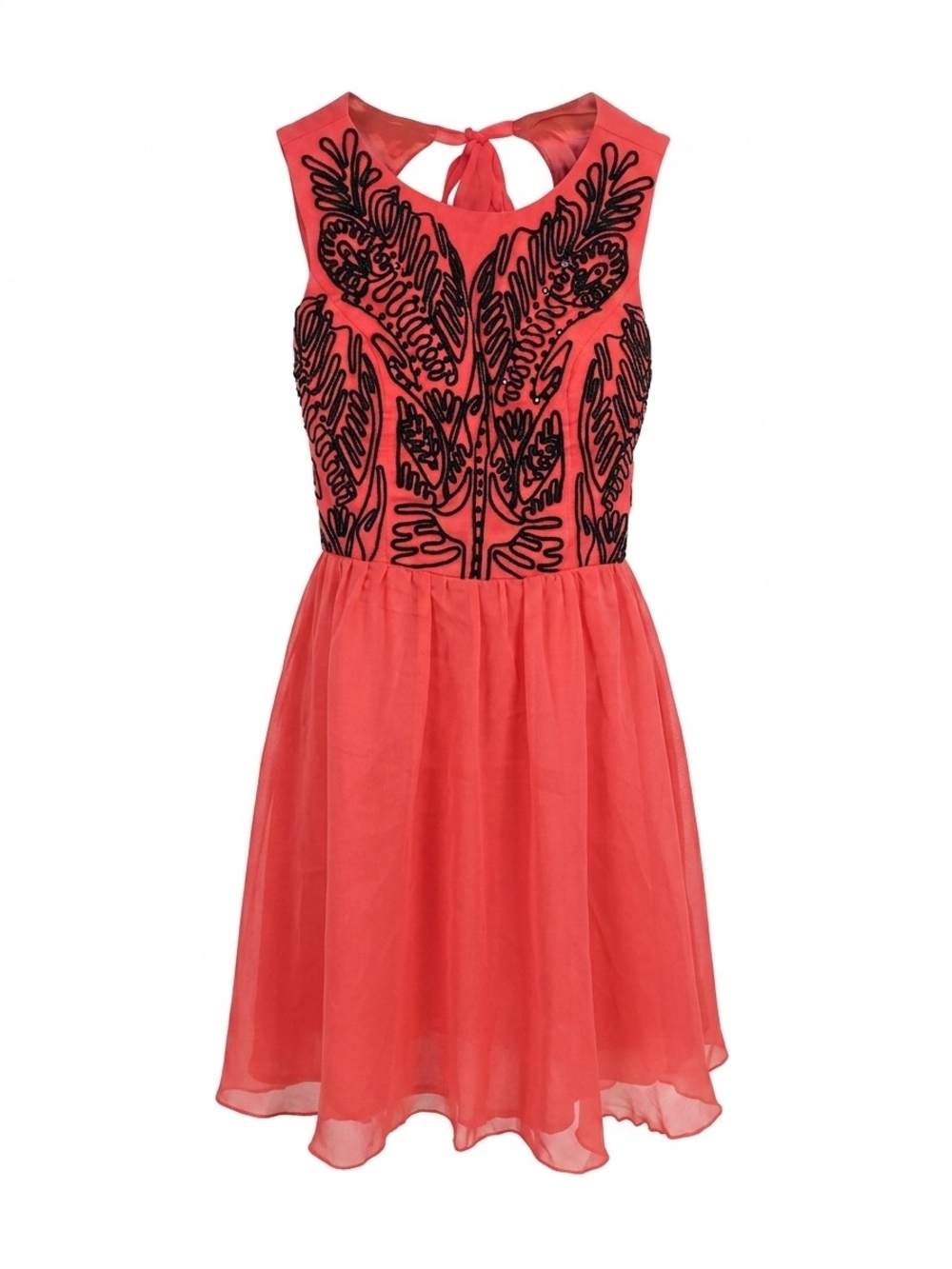 Coral Red Chiffon Midi Dress with Black Embroidered Bodice Fitted Cottagecore